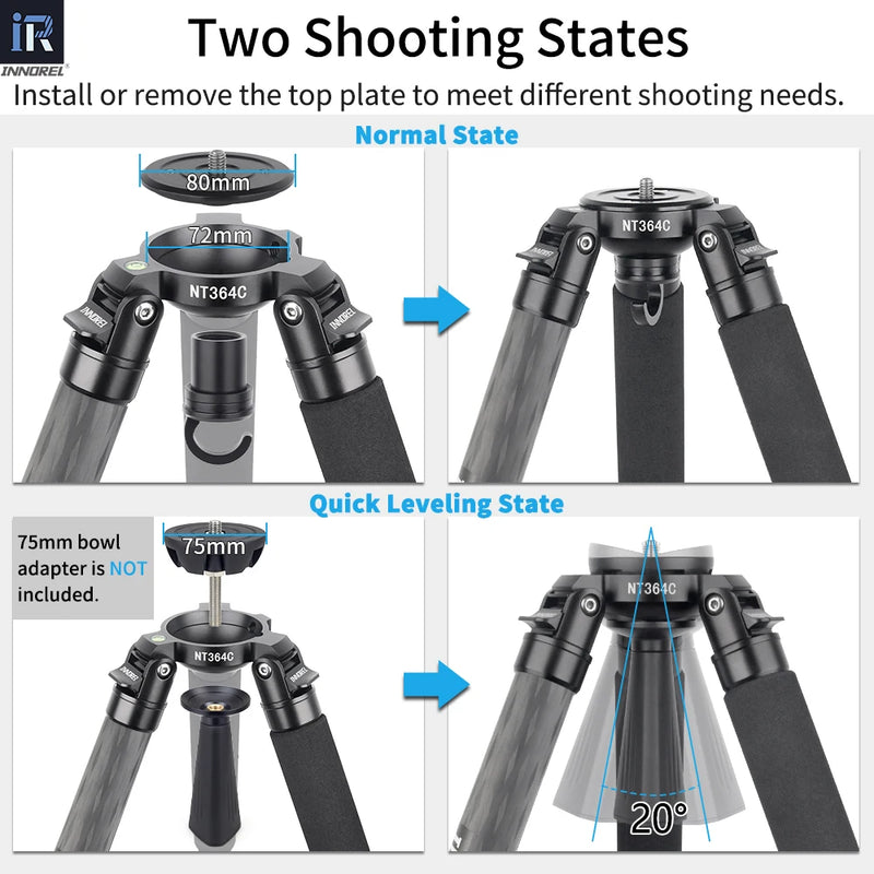 INNOREL NT364C Professional Carbon Fiber Camera Tripod Birdwatching Heavy Duty Tripod 75mm Bowl Adapter for DSLR Video Camcorder