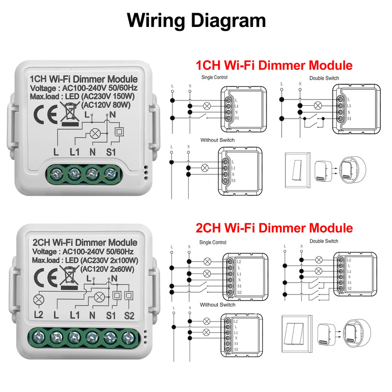 GIRIER Tuya Wifi Smart Dimmer Switch Module 10A Support 2 Way Control Dimmable Light Switch 1 2 Gang Work with Alexa Google Home