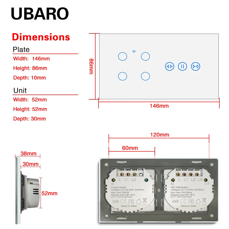 EU 146*86mm Glass Panel Tuya Smart Wifi Switch Curtain Button Work With Google Home Alexa Voice Need Neutral Wire App Remote