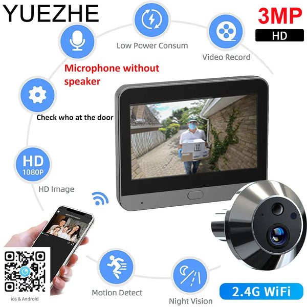 Yuezhe 3MP Security protection Door peephole camera icam365 4.3 IPS Screen Night PIR wifi Phone wireless Camera for Smart Home