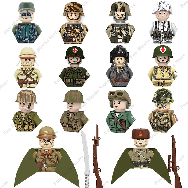 WW2 Military Army Soldier Soviet US UK German France Building Blocks Set Model Bricks Action Figures Weapons Toys For Kids Gifts