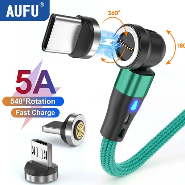 AUFU 5A Magnetic Cable 540 Rotate Fast Charging Magnetic USB Type C Cable For iPhone 14 Samsung Xiaomi Realme Mobile Phone Cable