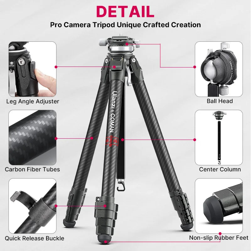 Ulanzi and Coman Zero Y Full Carbon Fiber Professional Lightweight Photography Travel Tripod For DSLR Camera Canon Sony