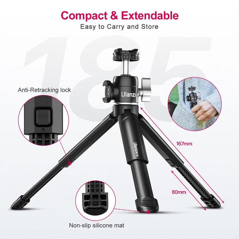 Ulanzi MT-14 Aluminum Alloy Tripod 2KG Load with 360° Ballhead 1/4 Screw Light Portable Vlog Kit Light Desktop Tripods For Phone