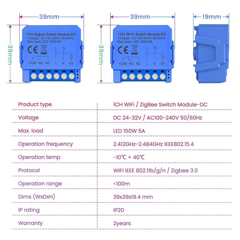 MIUCDA Tuya WiFi/ZigBee Smart Switch Module Dry Contact Universal Breaker Relay DC 24-32V/AC 100-240V For Alexa Google Home