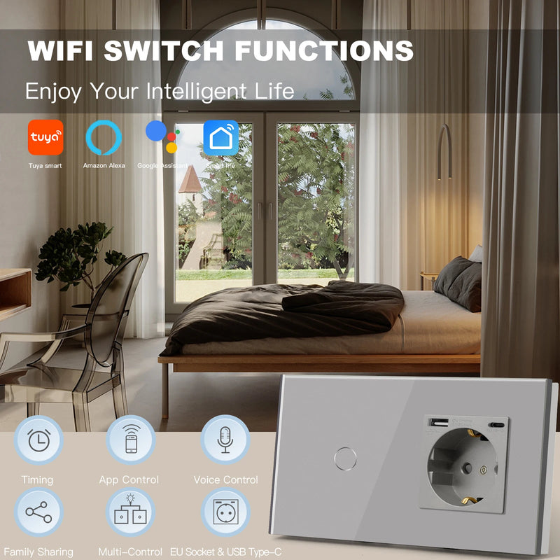 BSEED Wifi 1/2/3Gang touch switches 1/2/3way Wall Light Switch Tuya Smart Life Control With EU Socket USB Electric Power Socket