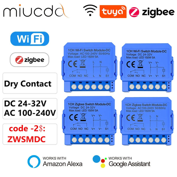 MIUCDA Tuya WiFi/ZigBee Smart Switch Module Dry Contact Universal Breaker Relay DC 24-32V/AC 100-240V For Alexa Google Home