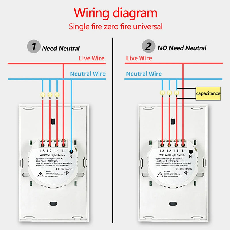 Tuya US WiFi Smart Wall Switch RF433 1/2/3 Gang No Neutral Wire Touch Sensor LED Light Switches Smart Home Alexa Google Home