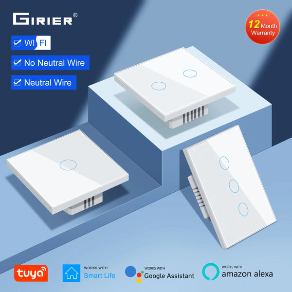 GIRIER Tuya Smart WiFi Light Switch EU US Type, Wall Touch Switch 1 2 3 Gang Works with Alexa Hey Google, Neutral Wire Optional