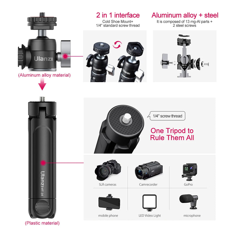 Ulanzi MT-14 Aluminum Alloy Tripod 2KG Load with 360° Ballhead 1/4 Screw Light Portable Vlog Kit Light Desktop Tripods For Phone