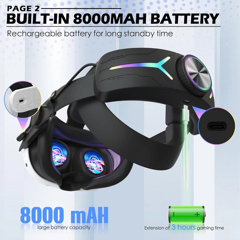 Adjustable VR Head Strap For Meta Quest 3 RGB LED Backlight 8000mAh Battery Alternative Head Strap For Meta Quest 3 VR Headset