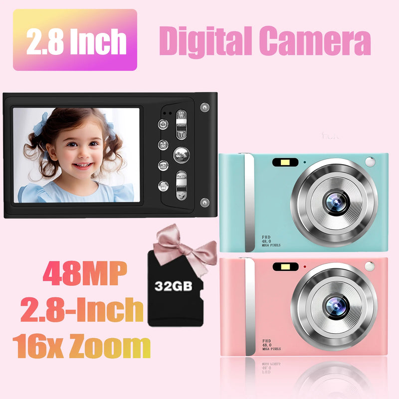 FHD 1080P Digital Camera for Kids Video Camera with 32GB SD Card 16X Digital Zoom Compact Point and Shoot Camera for Students