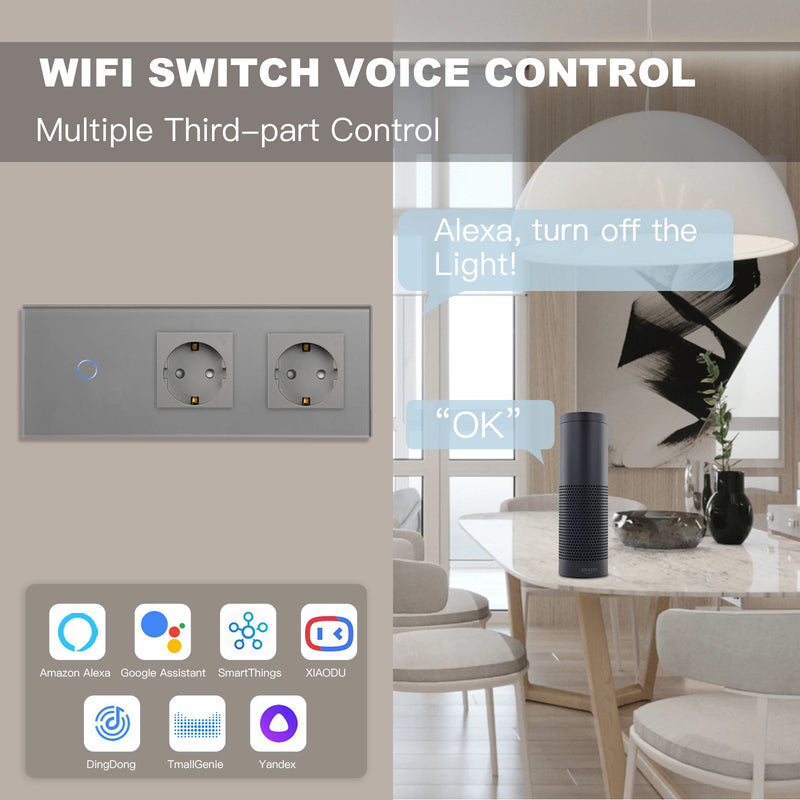 BSEED Wifi 1/2/3Gang touch switches 1/2/3way Wall Light Switch Tuya Smart Life Control With EU Socket USB Electric Power Socket