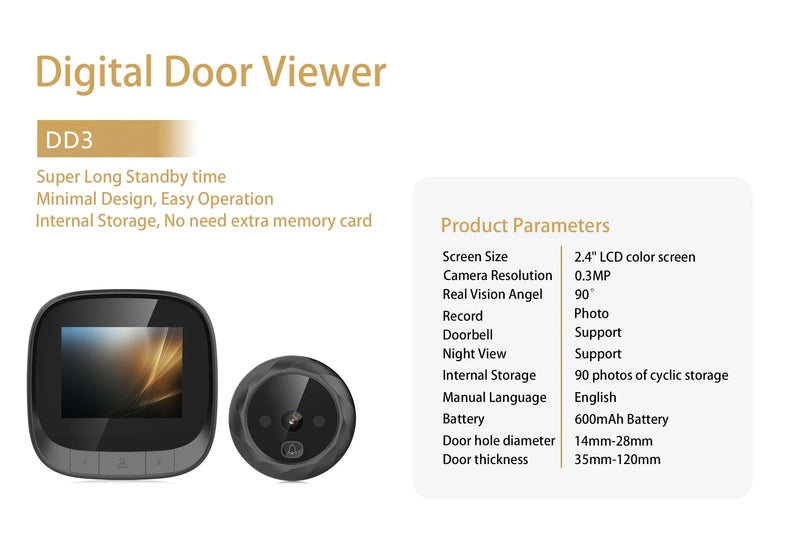 DD3 Security Door video Doorbell Peephole 2.4-inch TFT LCD Infrared Smart Doorbell Camera Peephole Viewer Home Smart Doorbell