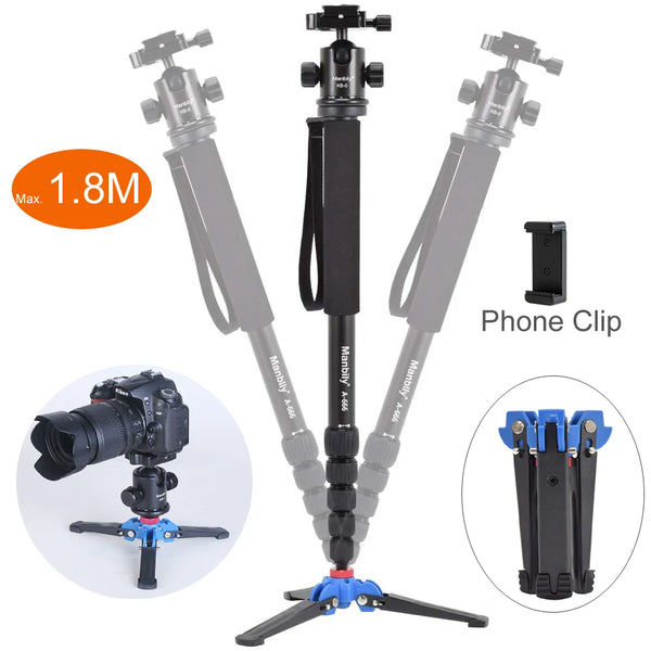 Manbily A-666 Professional Portable Travel DSLR Camera Monopod Tripod Stand KB-0 Ballhead M2 Stand Base Max Height 1.8m