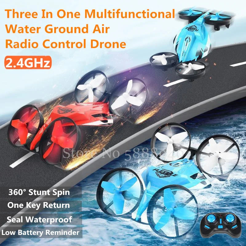 Water Ground Air 3 In 1 RC Drone 2.4G 360° Stunt Spin Seal Waterproof One Key Return Racing Radio Control Quadcopter Drone Toy