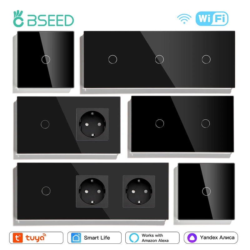 BSEED  Wifi 1/2/3Gang Light Switches Touch Sensor Glass Switch Tuya Smart Life Alexa Control Plus EU Sockets Need Neutral Wire