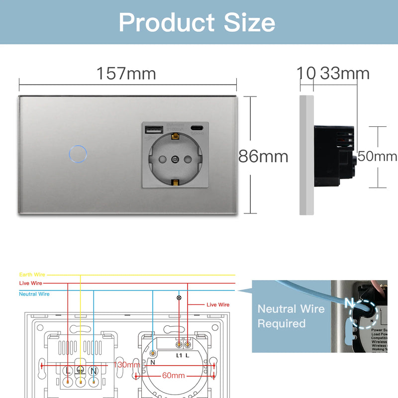 BSEED Wifi 1/2/3Gang touch switches 1/2/3way Wall Light Switch Tuya Smart Life Control With EU Socket USB Electric Power Socket