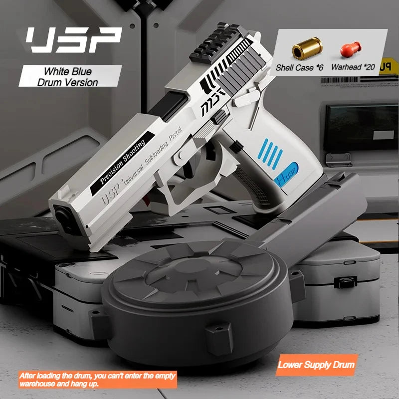 USP Continuous Firing Shell Ejecting Pistol With Bouncing Drum Laser Sight Soft Bullet Toy Gun Empty Hanging Weapon Boys Gift ﻿