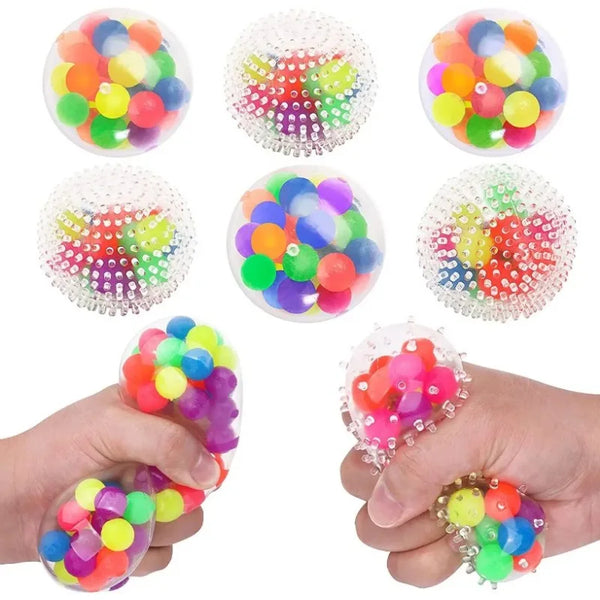 Rainbow Pressure Ball Fidget Sensory Toy DNA Color Beads Stress Relief Ball TPR Soft Glue PU Elastic Moon Ball Squeeze Kids Gift