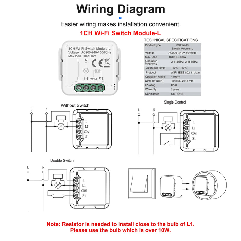 GIRIER Tuya Smart WiFi Smart Light Switch Module No Neutral Wire Required 1 2 3 4 Gang Supports 2 Way Control Alexa Hey Google