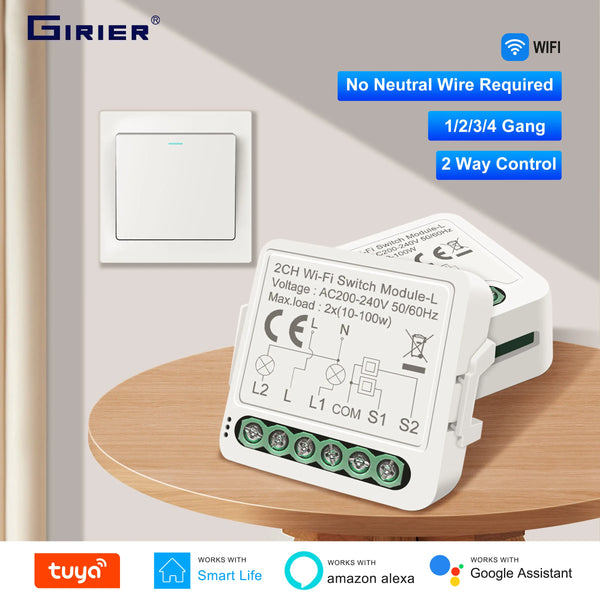 GIRIER Tuya Smart WiFi Smart Light Switch Module No Neutral Wire Required 1 2 3 4 Gang Supports 2 Way Control Alexa Hey Google