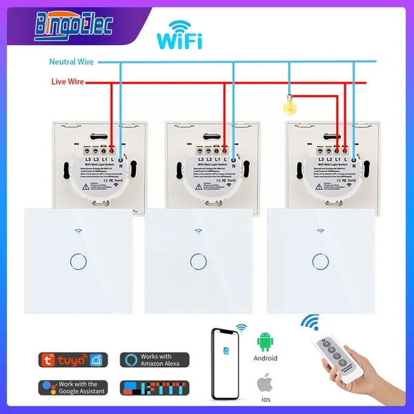 Intermediate Stair Switch WiFi Smart Switch Glass Wall Touch Switches RF433 Remote Control Tuya Alexa Google Home Bingoelec