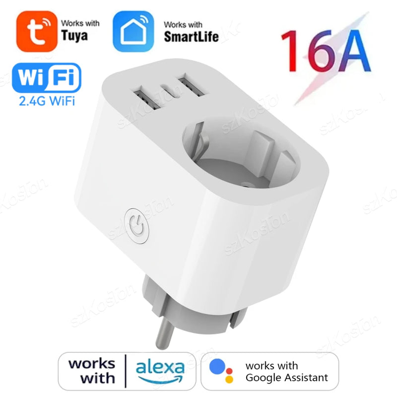 Tuya Wifi Smart Socket 16A EU Plug with Type C Charger Port Smart Home Appliance Socket Extension Adapter Work with Alexa Google