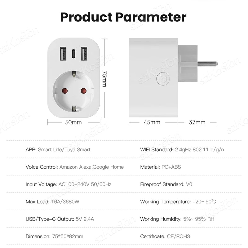 Tuya Wifi Smart Socket 16A EU Plug with Type C Charger Port Smart Home Appliance Socket Extension Adapter Work with Alexa Google